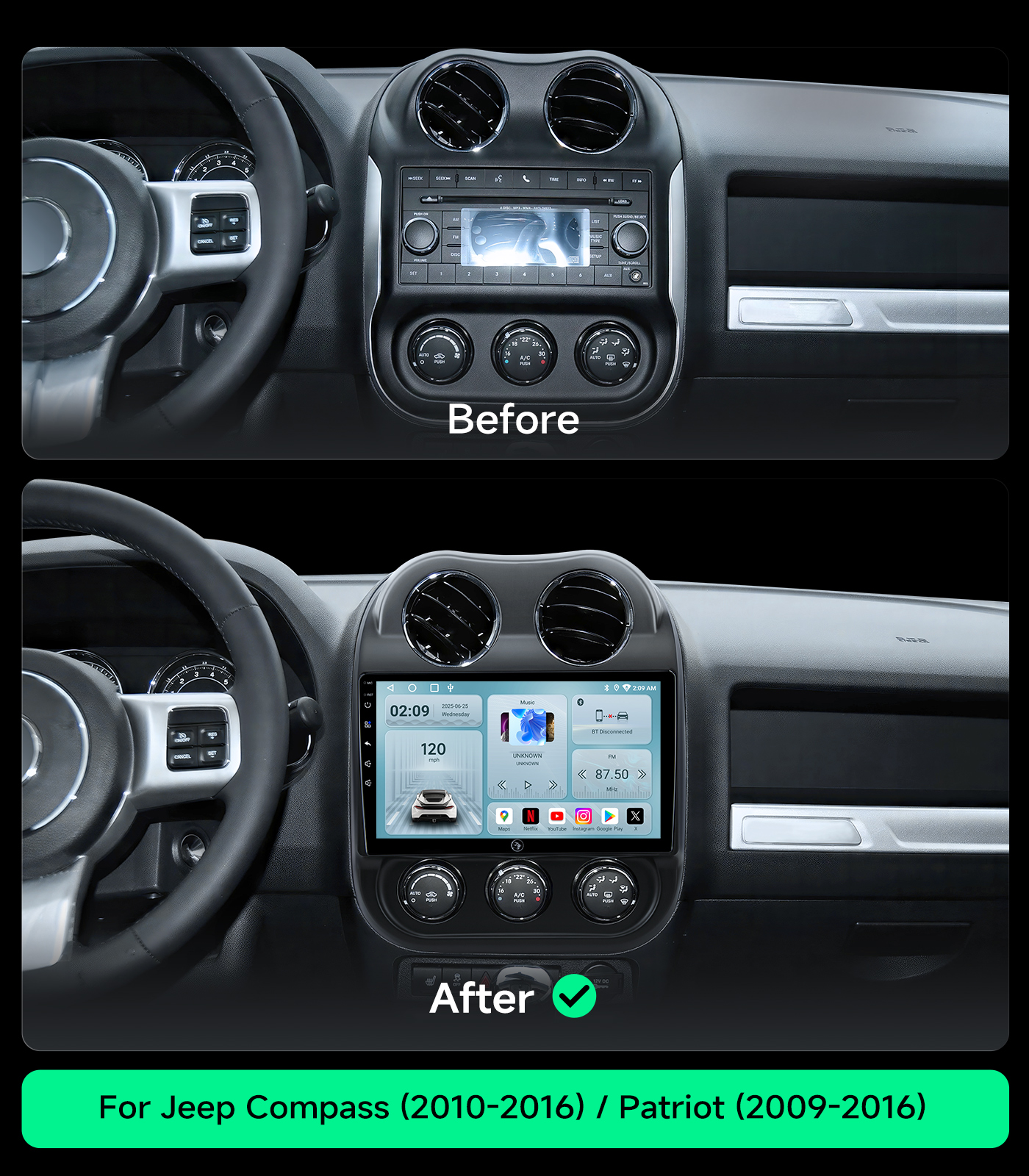 Car Radio for Jeep Compass Patriot 2010-2016, Wireless CarPlay Android Auto - Image 2