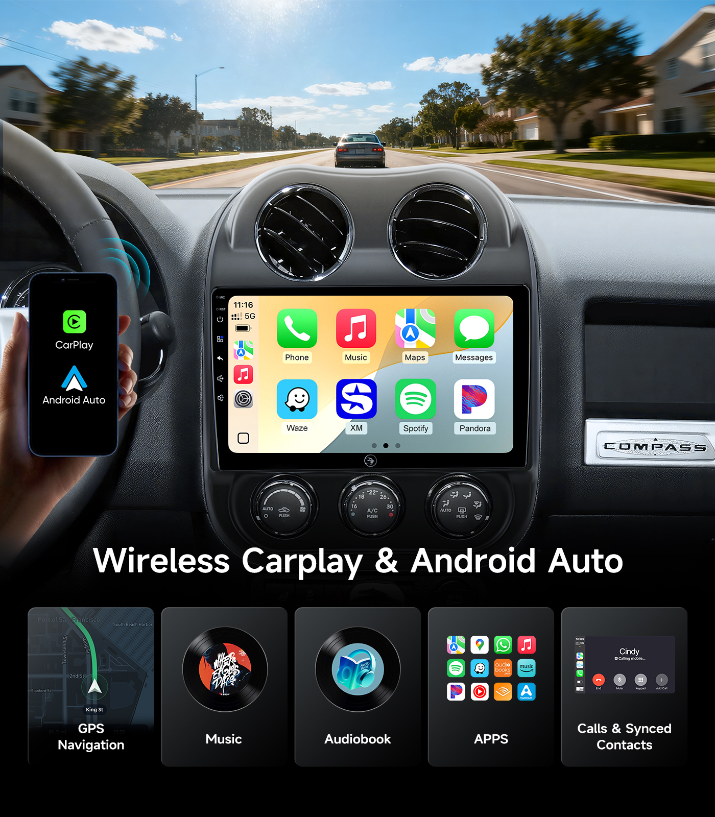 Car Radio for Jeep Compass Patriot 2010-2016, Wireless CarPlay Android Auto - Image 3
